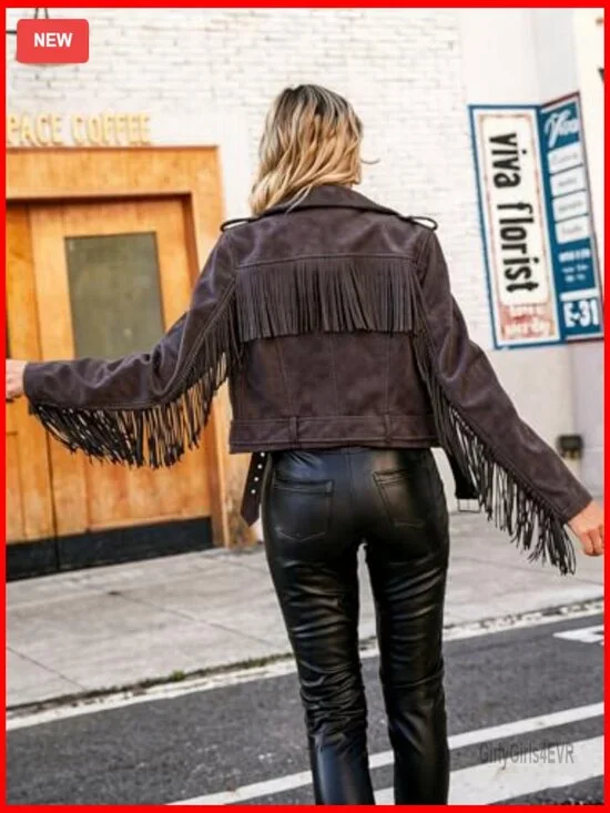 Faux Leather Moto Jacket with Tassel Trim and Adjustable Belt - Picture 3 of 7